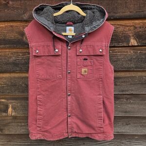 Rare Carhartt Sherpa Lined Berkley Barlett Canvas Workwear Hooded Vest Dark Red